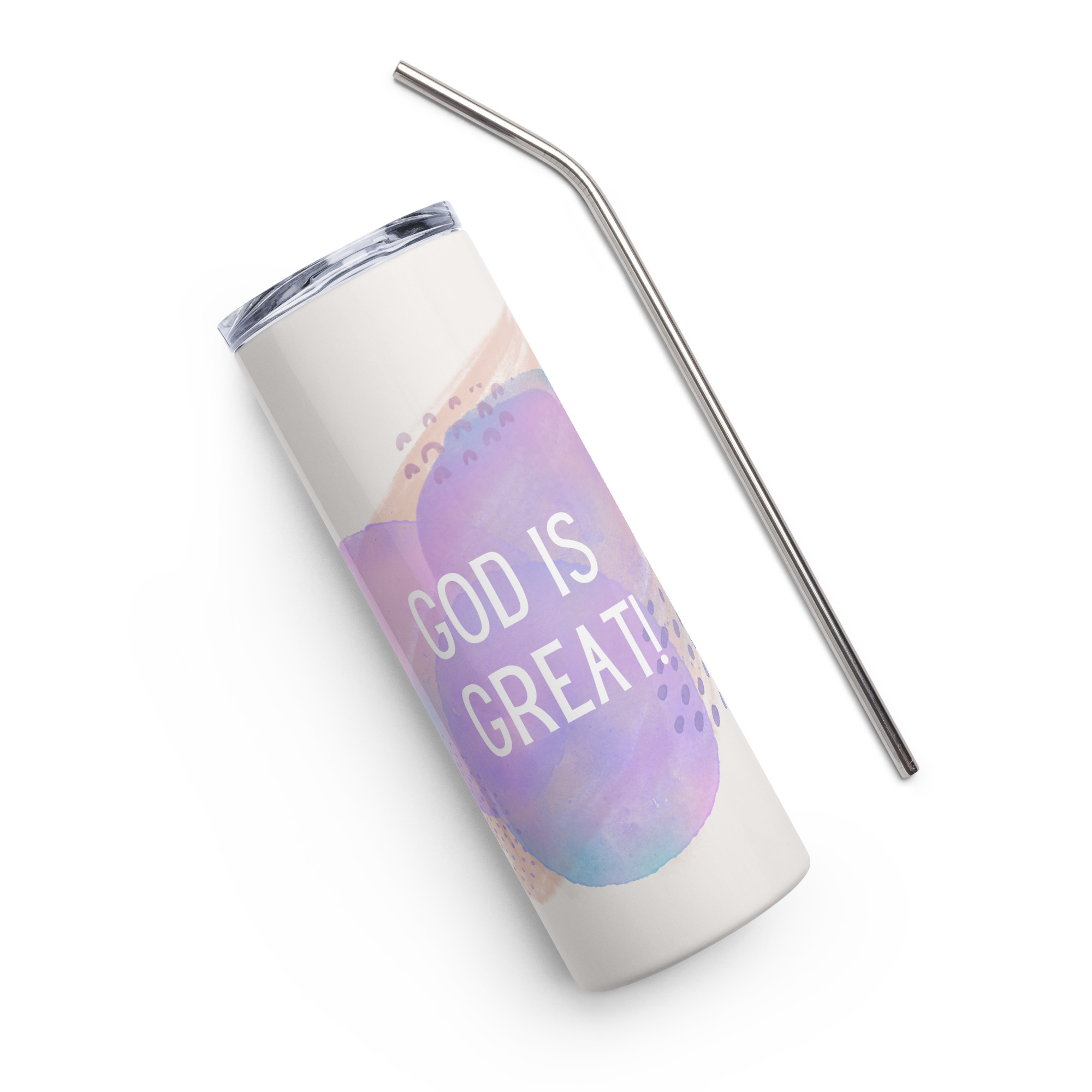 stainless-steel-tumbler-white-front-635432df65c51.jpg a tumbler that says god is great on it